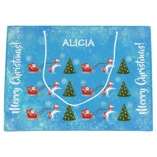 ユニコーンサンタスノーフレークパーソナライズされたクリスマスツリー ラージペーパーバッグ (正面)