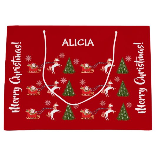 ユニコーンサンタスノーフレークパーソナライズされたクリスマスツリー ラージペーパーバッグ (正面)