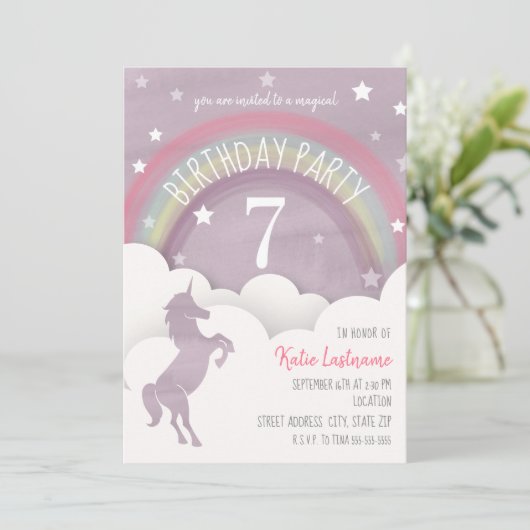 ユニコーンシルエットレインボークラウド+スター誕生日 招待状 (スタンド正面)