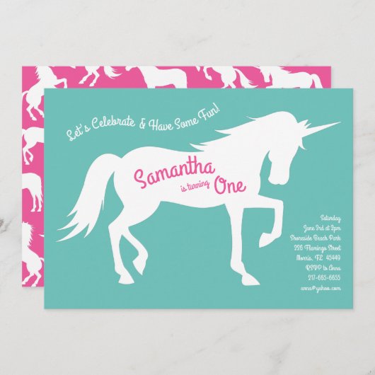 ユニコーンシルエット1st誕生日パーティーピンクガールズ 招待状 (正面/裏面)