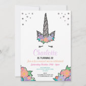 ユニコーンシルバーグリッターフローラ誕生日招待状 招待状 (正面)