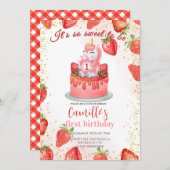 ユニコーンストロベリーケーキ誕生日パーティー 招待状 (正面/裏面)