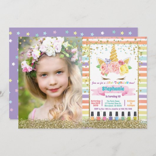 ユニコーンスパパーティーガールバースデーパステル写真 招待状 (正面/裏面)