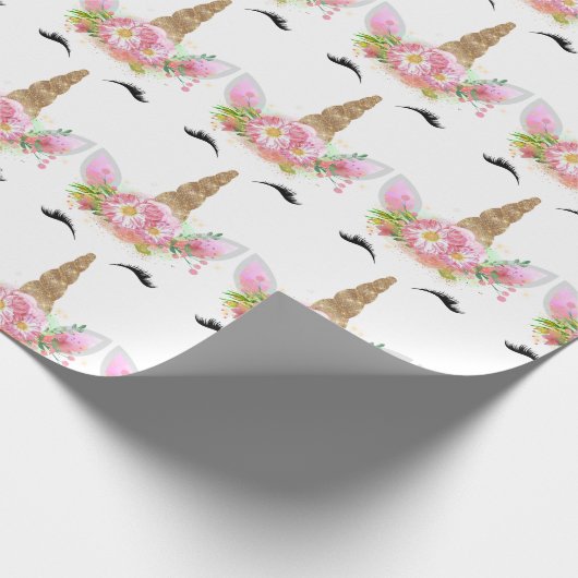 ユニコーンスパークルグリッターピンク金ゴールドフローラバラホワイト ラッピングペーパー (角)