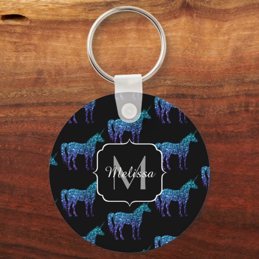 ユニコーンスパークルスアクアブルーグラデーションパターンモノグラム キーホルダー (正面)