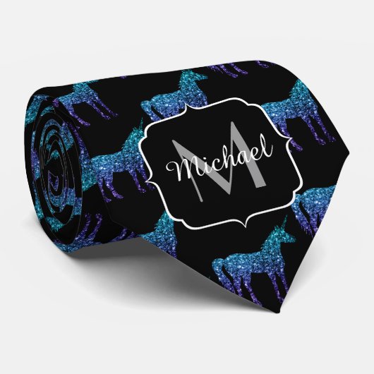 ユニコーンスパークルスアクアブルーグラデーションパターンモノグラム ネクタイ (ロール)