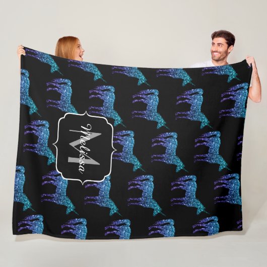 ユニコーンスパークルスアクアブルーグラデーションパターンモノグラム フリースブランケット (インサイチュ)