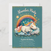 ユニコーンスランバーパジャマパーティーティール（緑がかった色）ガール誕生日 招待状 (正面)