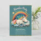 ユニコーンスランバーパジャマパーティーティール（緑がかった色）ガール誕生日 招待状 (スタンド正面)