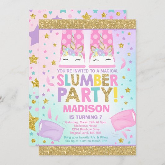 ユニコーンスランバーパーティー誕生日招待状 招待状 (正面/裏面)