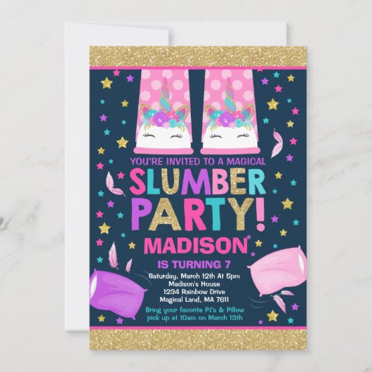 ユニコーンスランバーパーティー誕生日招待状 招待状 (正面)