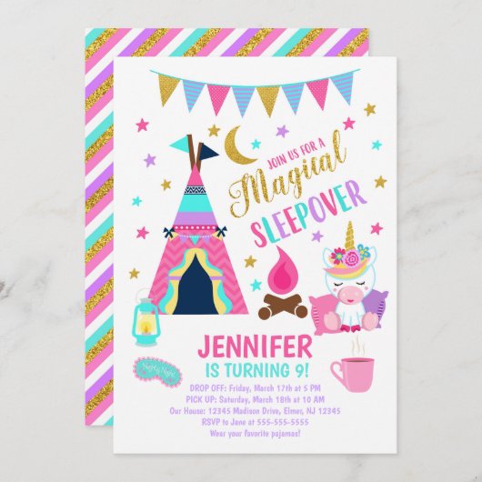 ユニコーンスリーポーバーパーティー誕生日招待状 招待状 (正面/裏面)