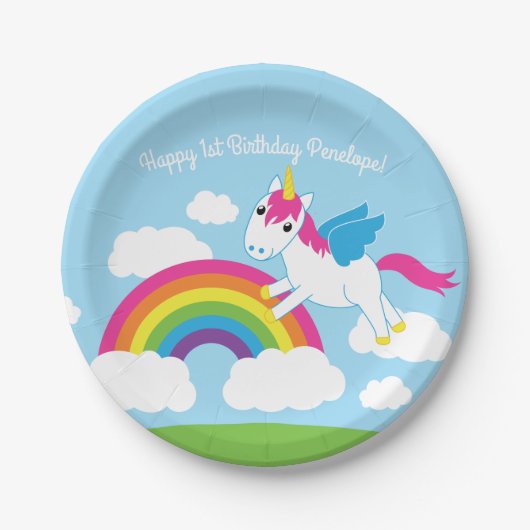 ユニコーンズ&レインボーズキュート1歳誕生日パーティーテーマ ペーパープレート (正面)
