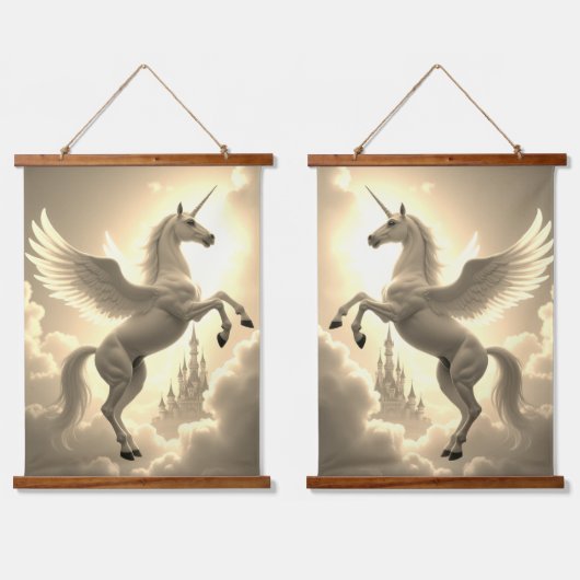 ユニコーンセットウッドトップウォールタペストリー2パネル 吊り下げ型タペストリー (ダブル)