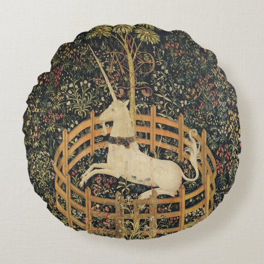 ユニコーンタペストリー捕獲中世タペストリー ラウンドクッション (正面)