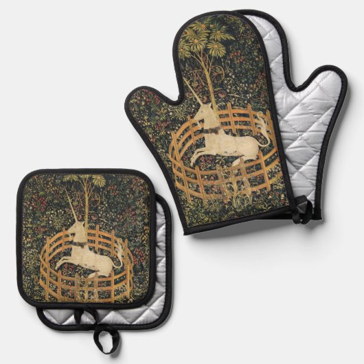 ユニコーンタペストリー捕獲中世タペストリー 鍋つかみ&鍋敷きセット (正面/裏面)