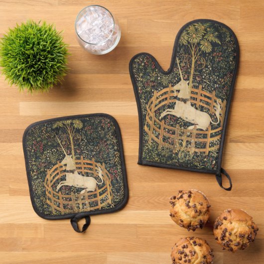 ユニコーンタペストリー捕獲中世タペストリー 鍋つかみ&鍋敷きセット (トップダウン)