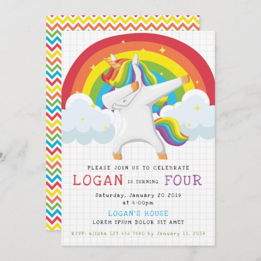 ユニコーンダブ誕生日招待状 招待状 (正面/裏面)