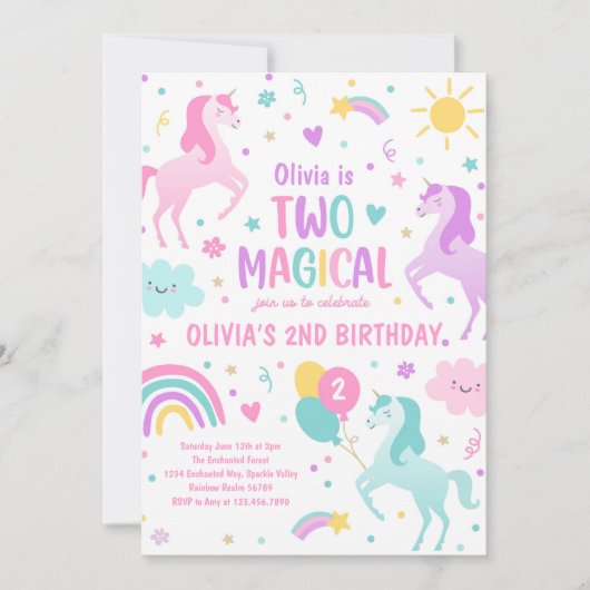 ユニコーンツーマジカルパステルレインボー2nd誕生日 招待状 (正面)