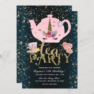 ユニコーンティーパーティー金ゴールドグリッターピンクガールズ誕生日 招待状