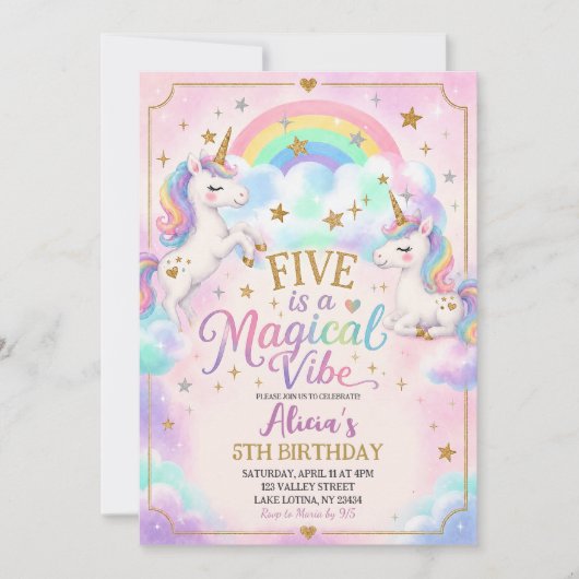 ユニコーンテーマ5は魔法のような雰囲気 5歳の誕生日 招待状 (正面)