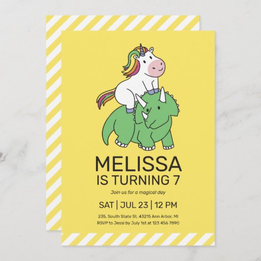 ユニコーントリケラトプス恐竜イエロー子供の誕生日 招待状 (正面/裏面)