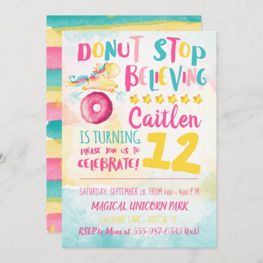 ユニコーンドーナツウォーターカラーレインボー誕生日 招待状 (正面/裏面)