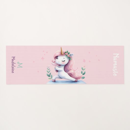 ユニコーンナマステヨガキュートおもしろいピンク名モノグラム ヨガマット (裏面(横))