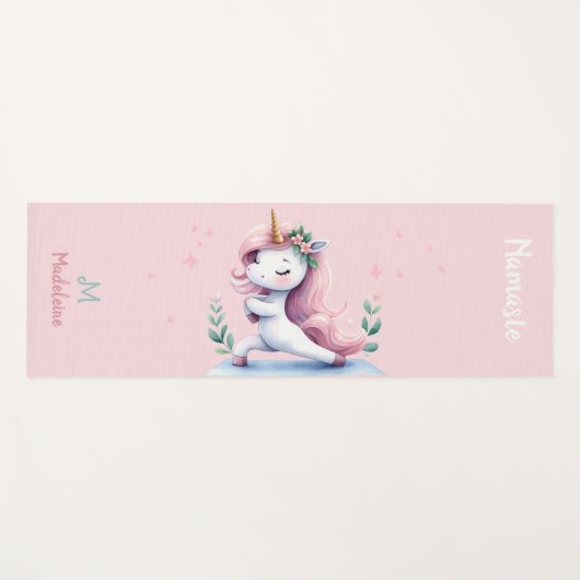 ユニコーンナマステヨガキュートおもしろいピンク名モノグラム ヨガマット (正面(横))