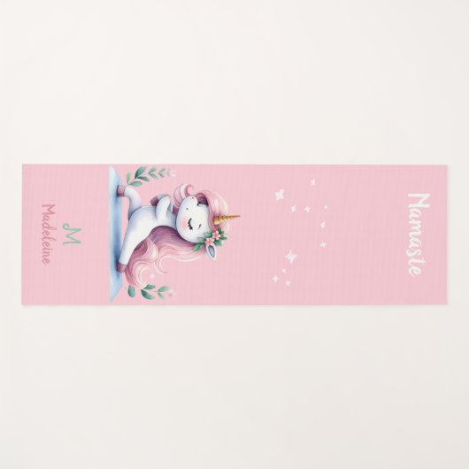 ユニコーンナマステヨガキュートピンクアクアネームモノグラム ヨガマット (正面(横))