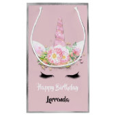 ユニコーンハッピーバースデー名グレーピンクガーリーラッシュ スモールペーパーバッグ (裏面)