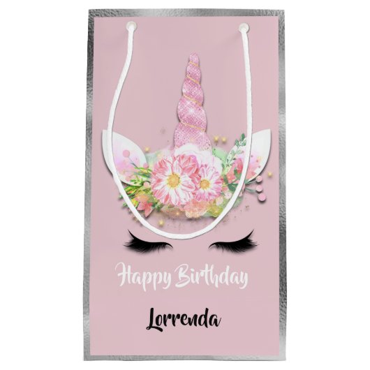 ユニコーンハッピーバースデー名グレーピンクガーリーラッシュ スモールペーパーバッグ (正面)