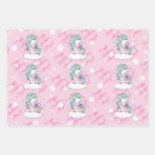 ユニコーンハッピーバースデー名ピンクイエローラベンダー3 ラッピングペーパーシート (正面)
