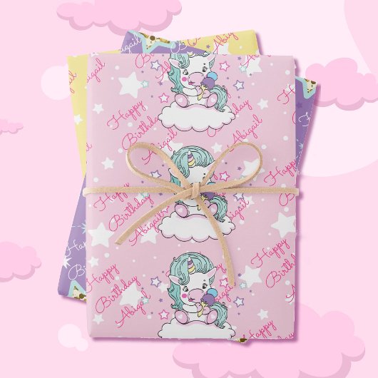 ユニコーンハッピーバースデー名ピンクイエローラベンダー3 ラッピングペーパーシート