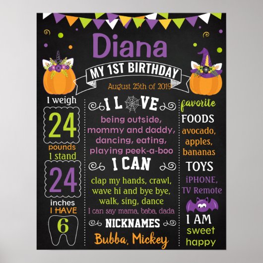 ユニコーンハロウィーンパンプキンファースト誕生日ボード ポスター (正面)