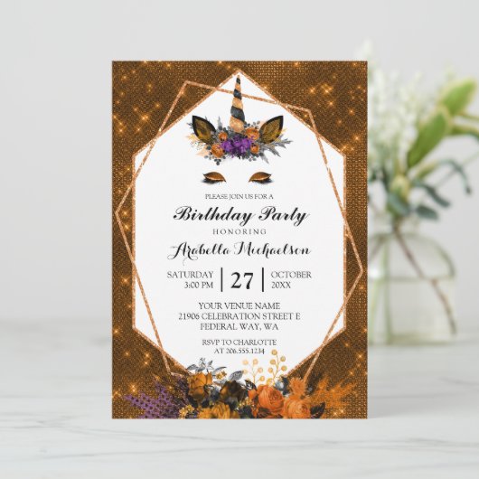 ユニコーンハロウィーンフローラスパークル誕生日 招待状 (スタンド正面)