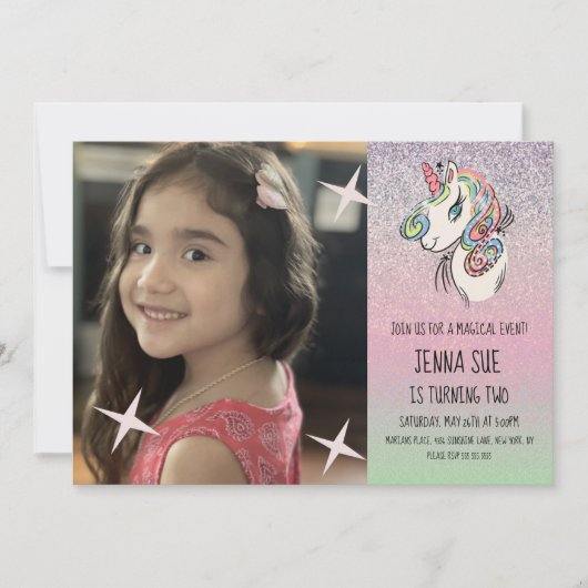 ユニコーンハンドドロードオンブレインボーフォト誕生日 招待状 (正面)