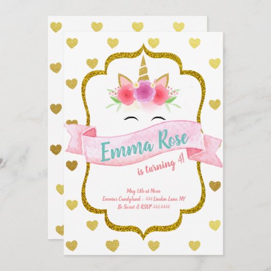 ユニコーンハート誕生会 招待状 (正面/裏面)