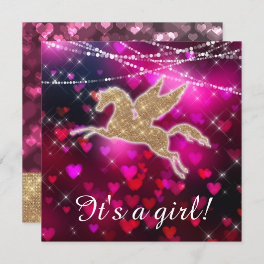 ユニコーンハート ピンクの赤ちゃん女の子のシャワー招待状 招待状 (正面/裏面)
