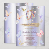 ユニコーンバタフライ バイオレット メタリック バースデー 招待状 (正面/裏面)