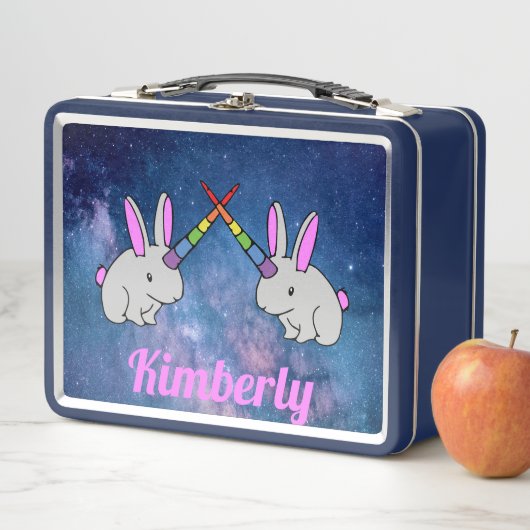 ユニコーンバニーズピンクパープル宇宙かわいいおもしろいガール メタルランチボックス (インサイチュ)