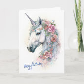 ユニコーンバラと花 – 任意の年齢の誕生日 カード (正面)