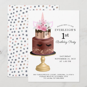 ユニコーンバラ金ゴールドチョコレートケーキ1st誕生日 招待状