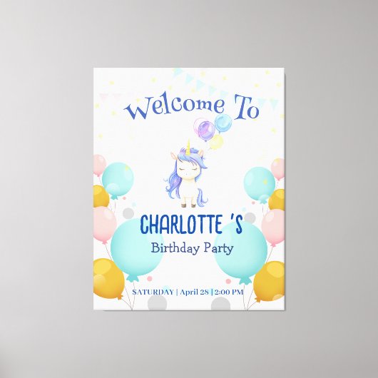 ユニコーンバルーンレインボーグラデーション誕生日パーティー キャンバスプリント (正面)