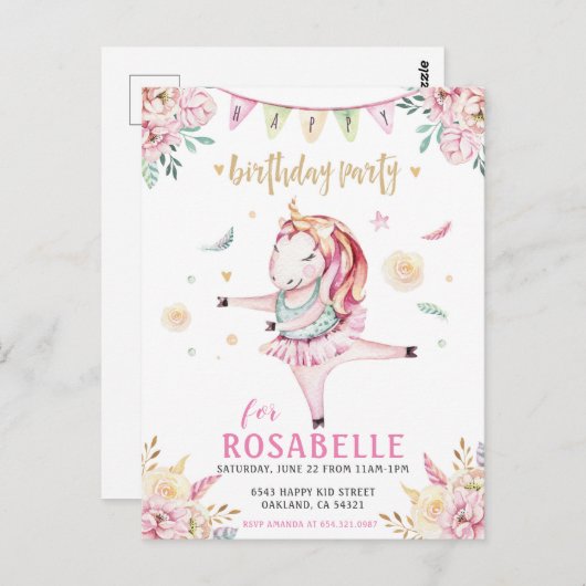 ユニコーンバレリナピンクフローラ誕生日招待状 ポストカード (正面/裏面)