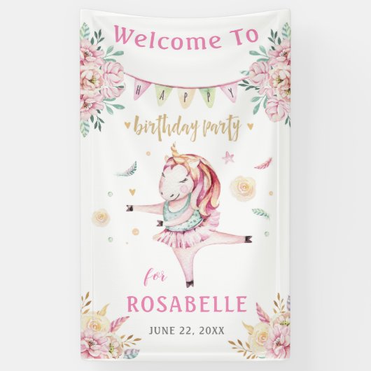 ユニコーンバレリナピンクフローラ誕生日歓迎 横断幕 (縦)