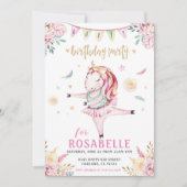 ユニコーンバレリーナピンクフラワーバースデーパーティー 招待状 (正面)