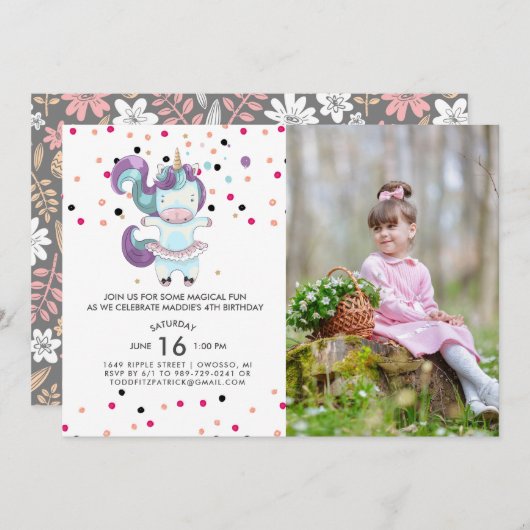 ユニコーンバレリーナ誕生日パーティーの招待状 招待状 (正面/裏面)