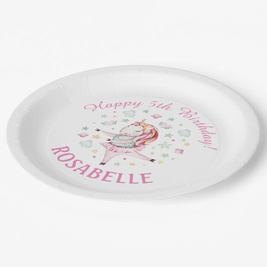 ユニコーンバレリーナPInk誕生日パーティー ペーパープレート (アングル)