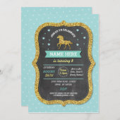 ユニコーンバースデーパーティティール(緑がかった色)金ゴールドグリッター招待状 招待状 (正面/裏面)